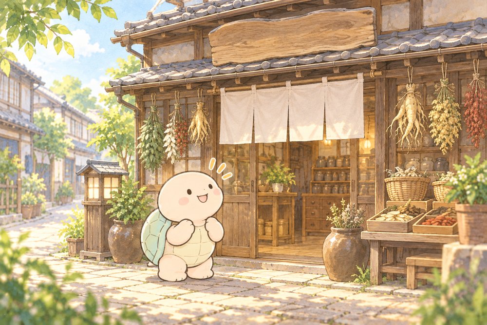昔ながらの漢方薬局の店先でわくわくする亀のナビ助