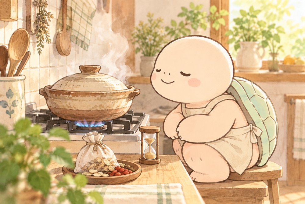土瓶で煎じ薬を煮ながら見守る亀のナビ助