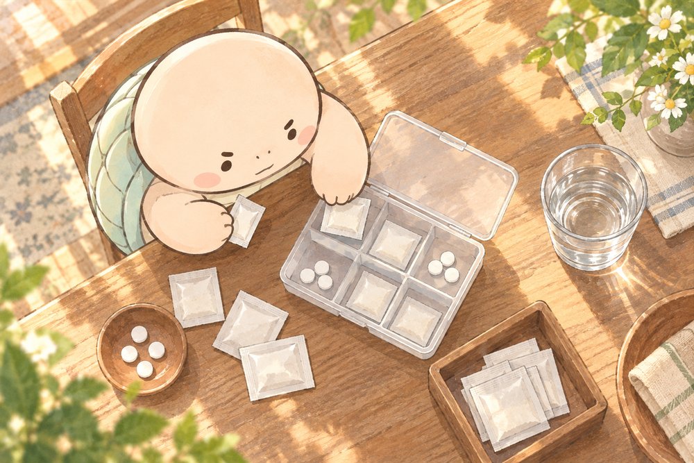 粉薬と錠剤をピルケースに分ける亀のナビ助