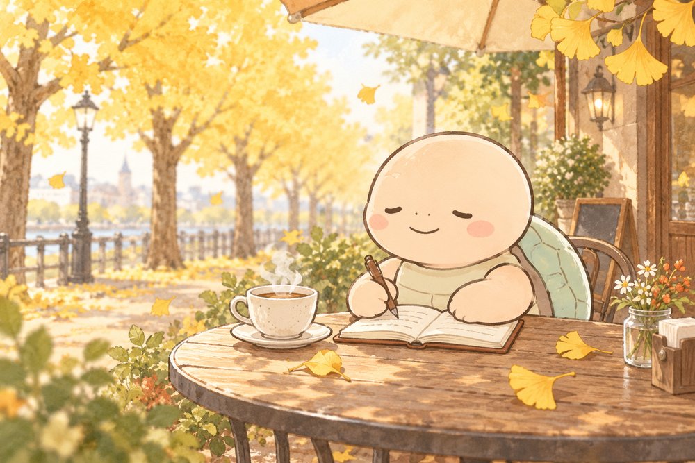 カフェのテラス席でノートに書き留める亀のナビ助