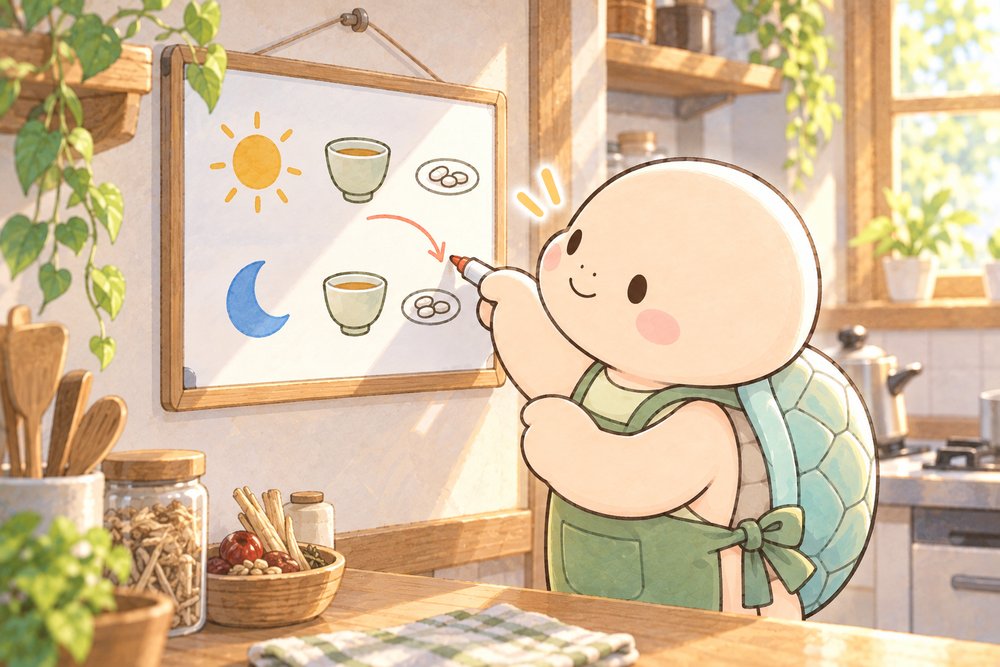 ホワイトボードに飲む時間の絵を描き足す亀のナビ助