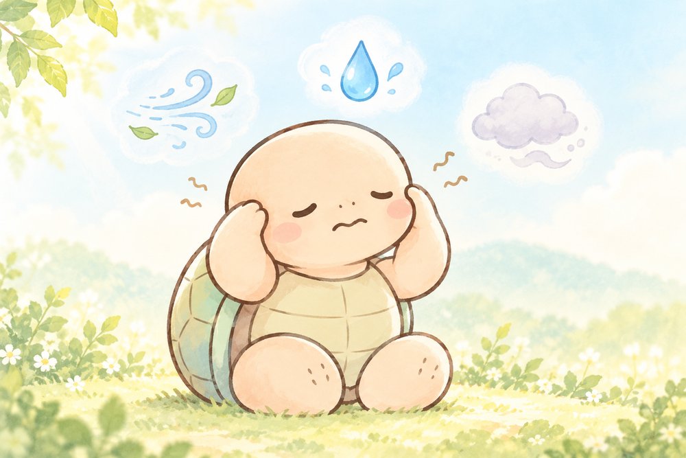 亀のナビ助がこめかみを押さえて冷え・水・もやもやの3つの頭痛タイプを思い浮かべているイラスト