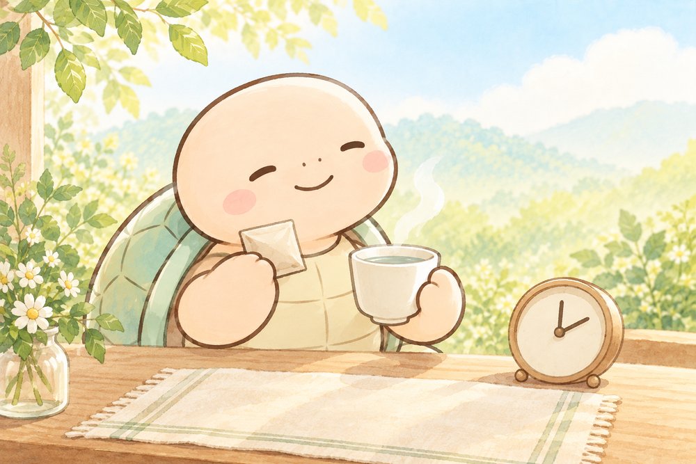 亀のナビ助が白湯と漢方薬の包みを持ち時計を見ながら飲もうとしているイラスト