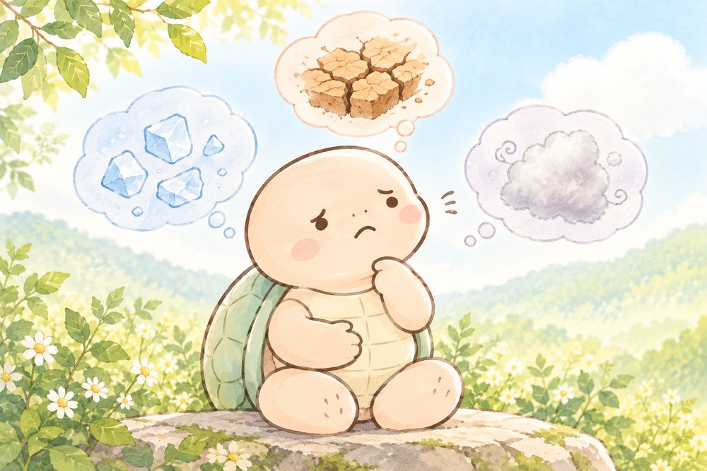 亀のナビ助がお腹に手を当てて乾いた土・氷・もやもや雲の3つの便秘タイプを思い浮かべているイラスト