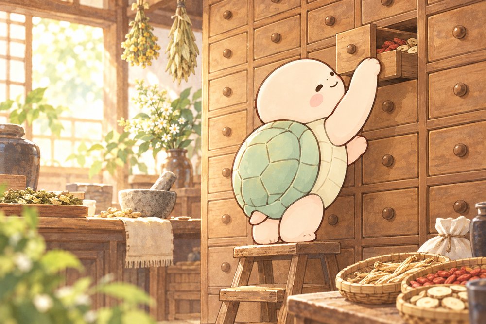 亀のナビ助が漢方薬局の薬だんすの前で踏み台に乗り生薬を取ろうとしているイラスト