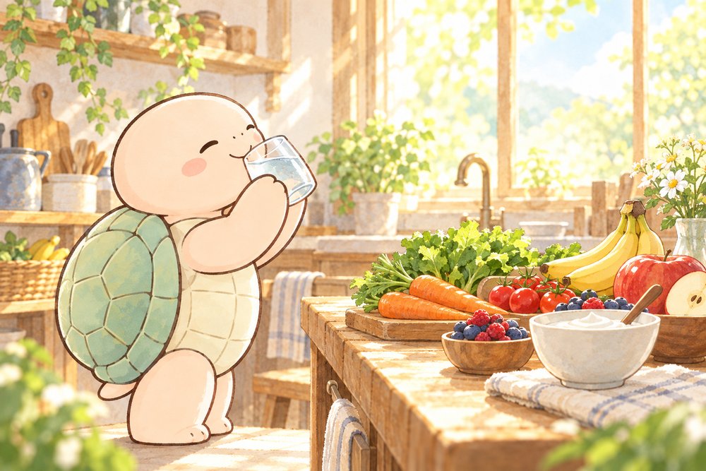 亀のナビ助が朝のキッチンで水を飲み野菜や果物やヨーグルトが並んでいるイラスト