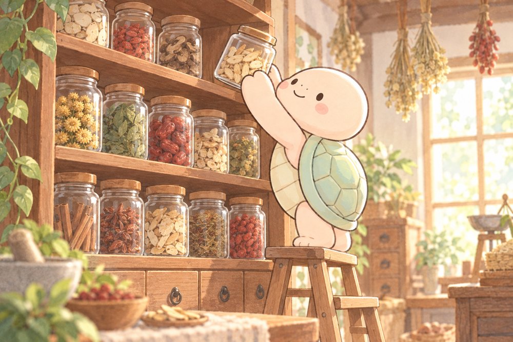 生薬の瓶を棚の上段にそっとしまう亀のナビ助