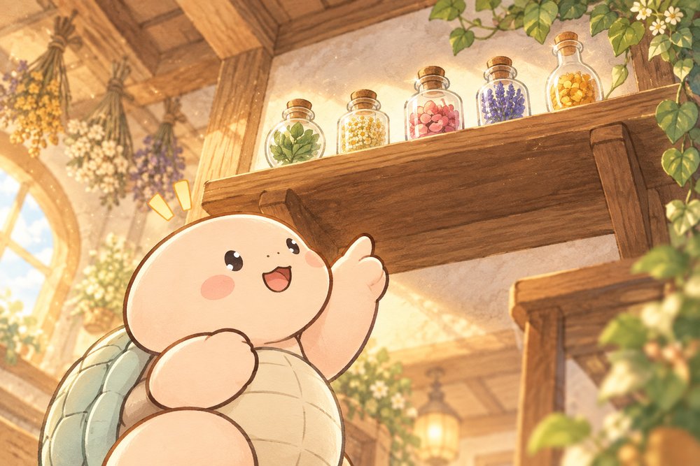 亀のナビ助が高い棚に並んだ5つの小瓶を見上げて数えているイラスト