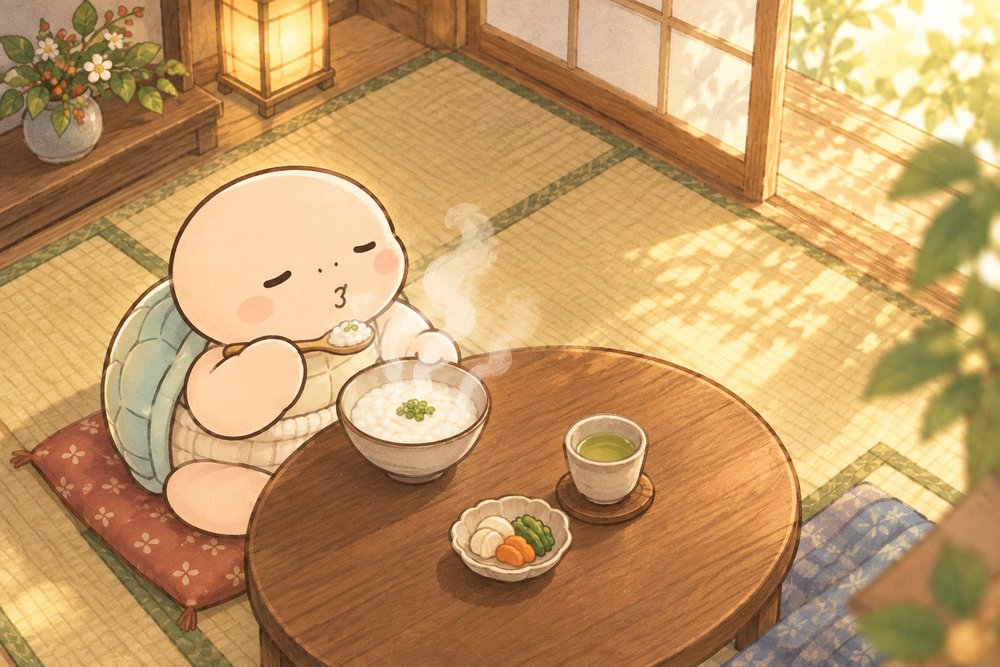 腹巻きをした亀のナビ助が和室のちゃぶ台でおかゆを食べているイラスト