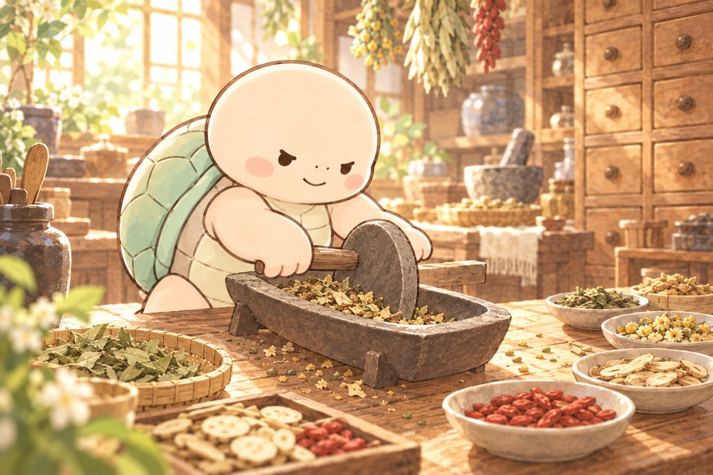 亀のナビ助が薬研で生薬を挽いているイラスト
