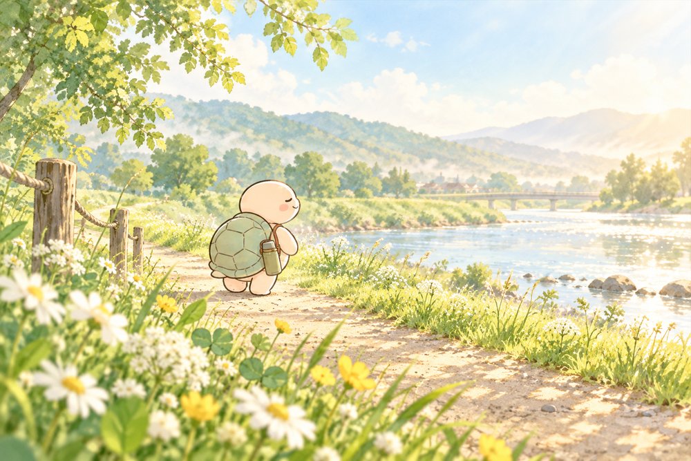 亀のナビ助が水筒を下げて朝の川沿いの遊歩道をのんびり歩いているイラスト